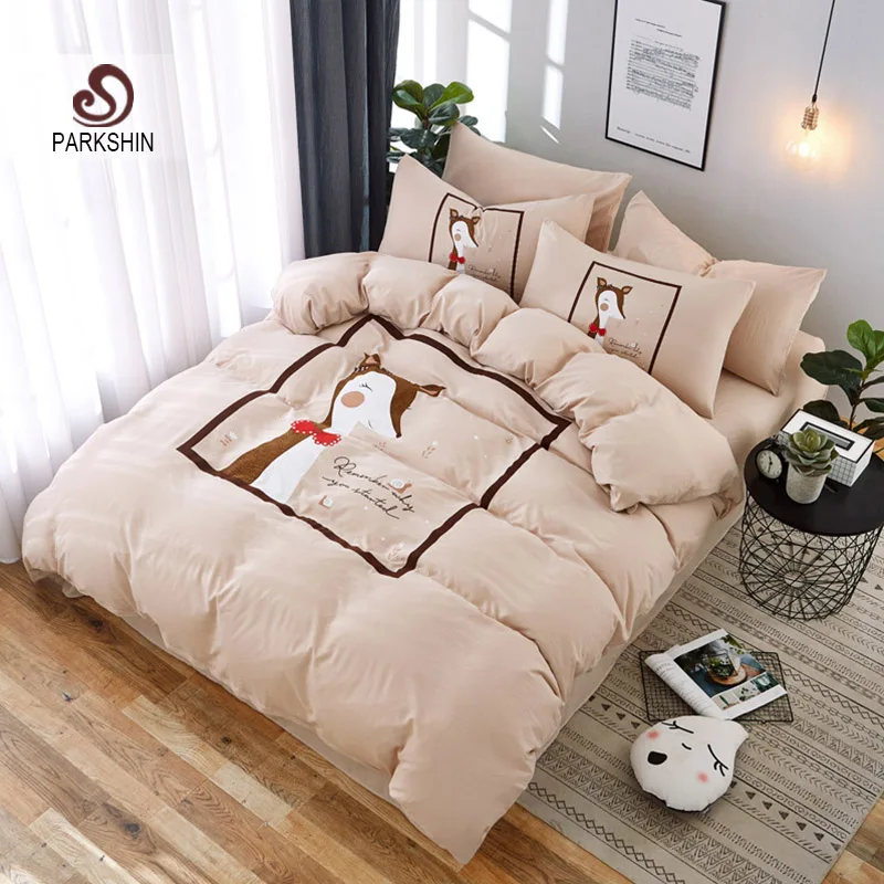 

ParkShin Cartoon Deer Solid Color Bedding Set Decor Home Textiles Bedclothes Duvet Cover Flat Sheet Pillwocase 4PCS Bed Linens