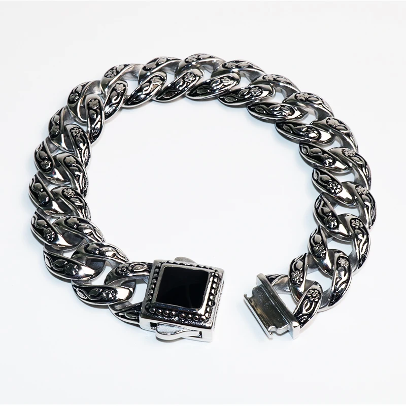 

Fashion Punk Style Men's Stainless Steel Bracelet Solid Flower 15mm Width Bracelet Male Hip Hop Party Rock Male Jewelry VB803