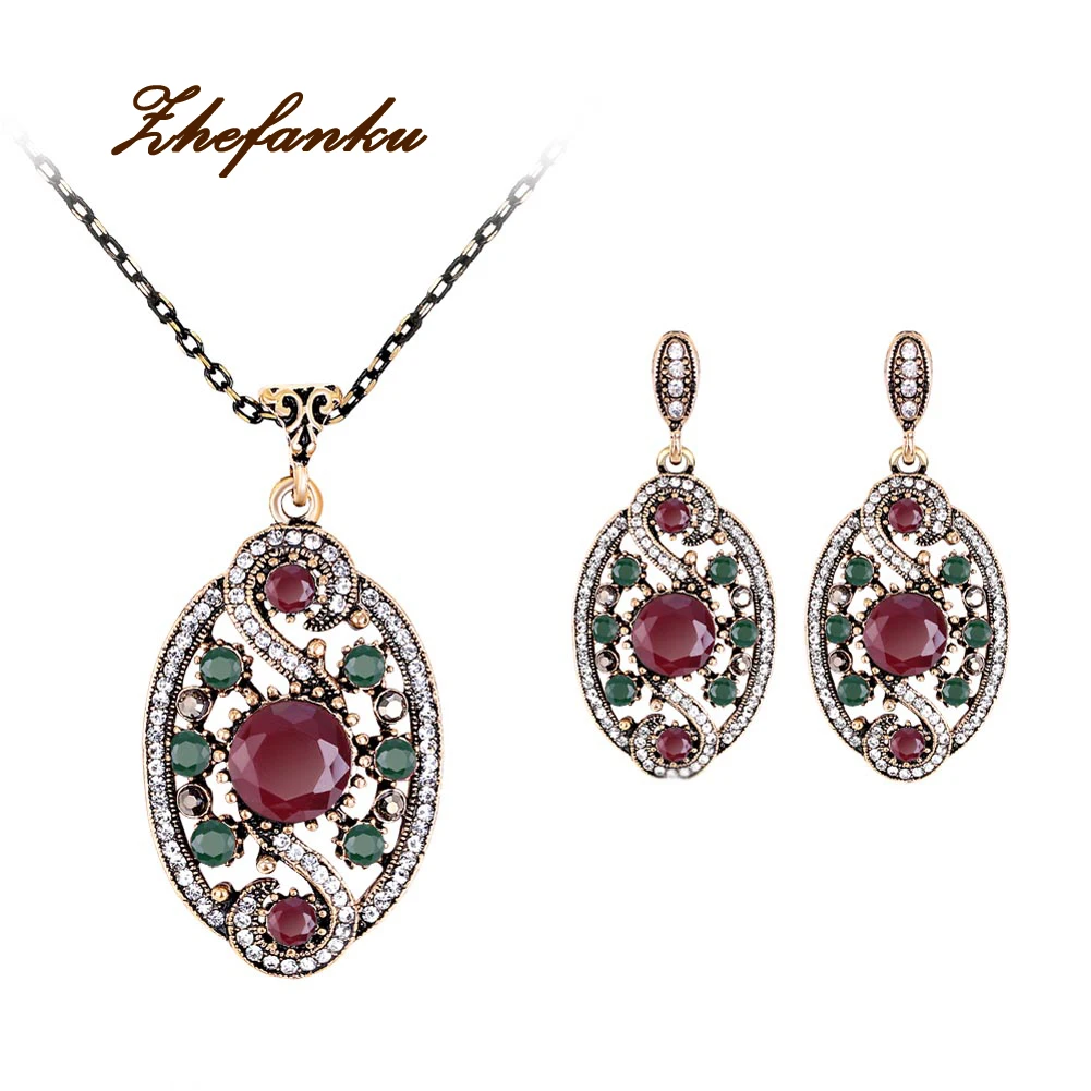 3 Piece Suit Turkish Jewelry Colorful Stone Earrings And Necklace For