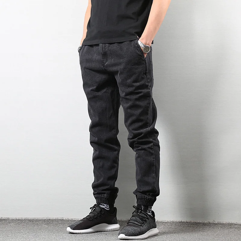 Японский стиль, модные мужские джинсы для бега, черный, синий цвет, уличная одежда, брюки в стиле панк, джинсы в стиле хип-хоп, мужские облегающие брюки-карго, Homme