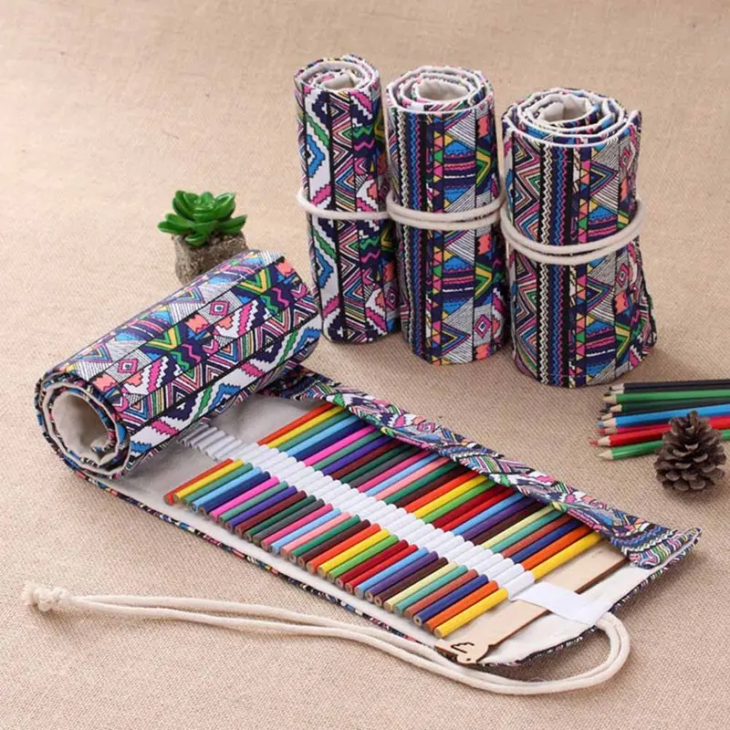 

National Canvas School Pencil Case 36/48/72 Holes Roll Up Pencil Bag Portable Pencil Box School Supplies Escolar Papelaria