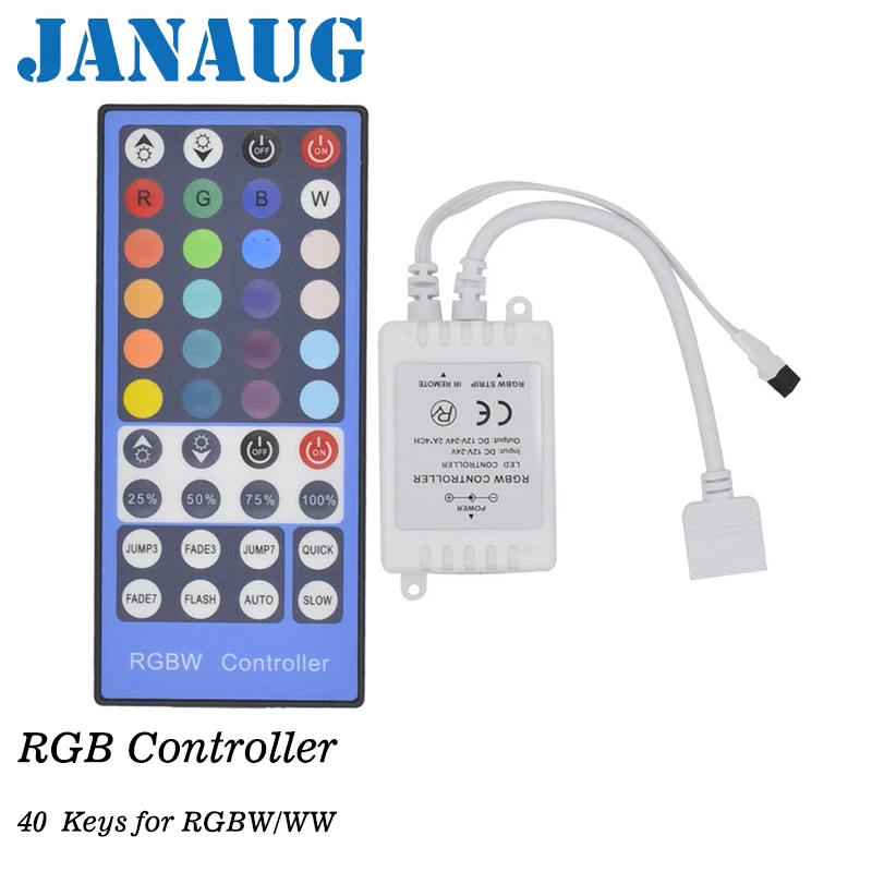 

4 Channels DC 12V - 24V RGBW LED Controller Dimmer 40Key 5Pins IR Remote Control For SMD 5050 RGBW RGBWW LED Strip Light