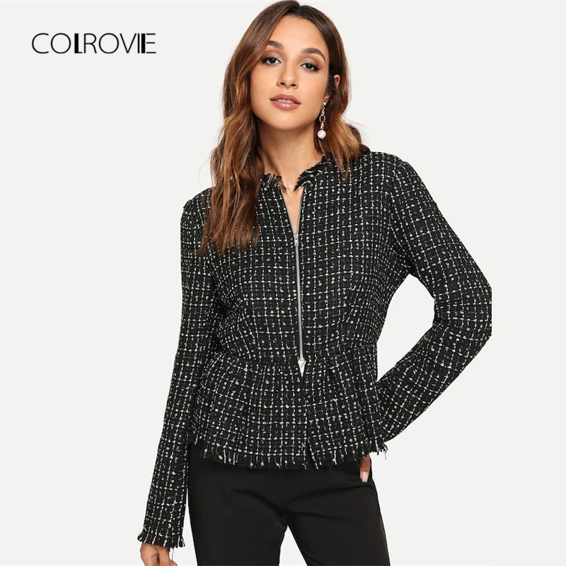 COLROVIE Black Solid Zip Up Elegant Tweed Peplum Plaid Basic Jacket Women 2018 Autumn Female Coats Women Office Lady Outwear COLROVIE Black Solid Zip Up Elegant Tweed Peplum Plaid Basic Jacket Women 2018 Autumn Female Coats Women Office Lady Outwear