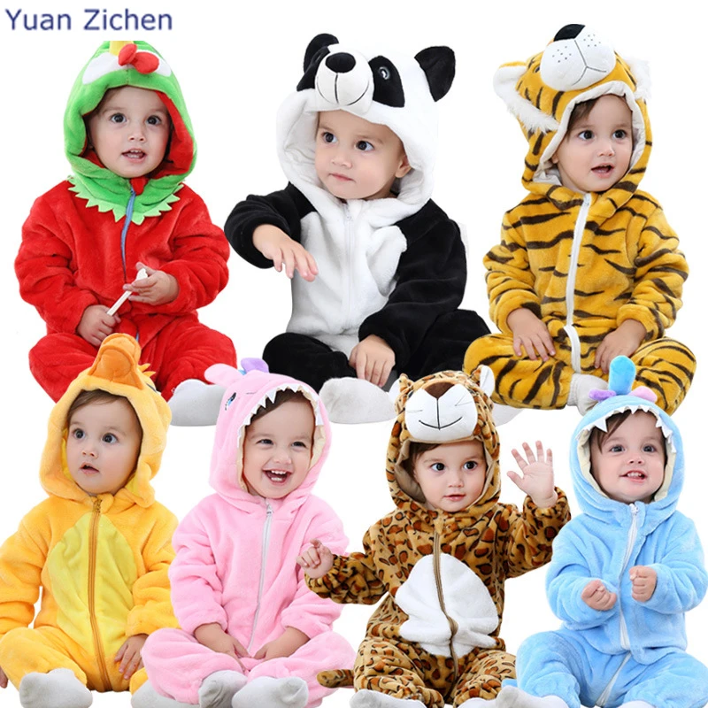 2017 Autumn Winter Flannel Baby Boy Clothes Cartoon Animal Jumpsuit Long Sleeve Romper Hooded Infant Toddler