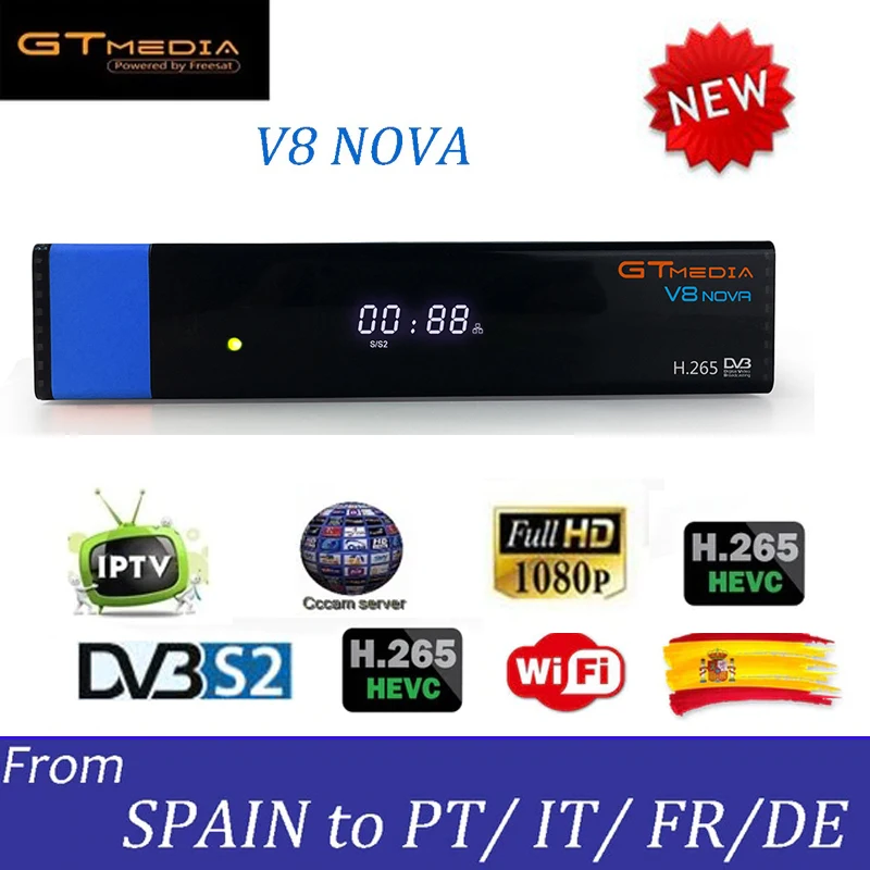 

GT Media V8 Nova Blue DVB-S2 Freesat Satellite TV Receiver H.265 Built-in WIFI Support Cccam TV Box New Version of V8 Super 5PCS