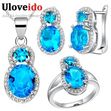 Uloveido Joyas ожерелье кольцо серьги Ювелирные наборы для Для женщин Свадебное ювелирное изделие комплект синий Bague серебро 49% Off T456