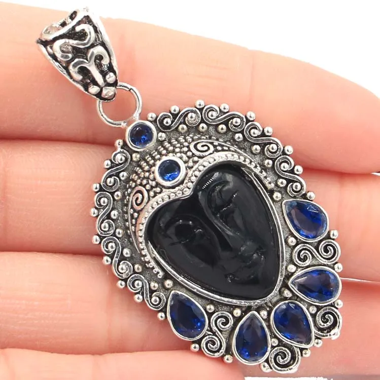 

SheCrown Special Big 14.1g Black Onyx Goddess Face, Tanzanite Gift Silver Pendant 56x29mm