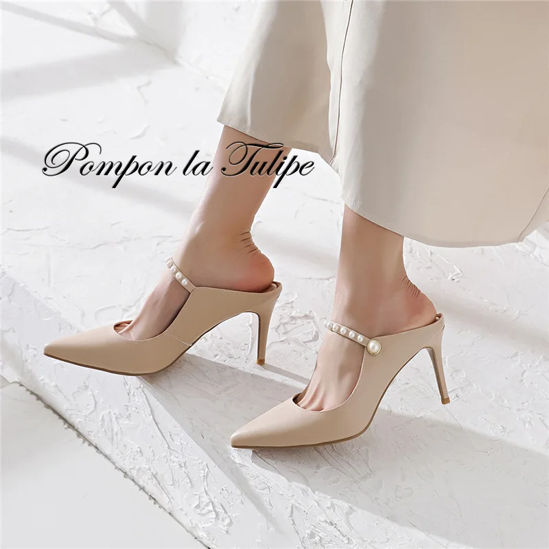 

BHS 901134 Chic Pearl 9CM High Heels Stilettos Mules Genuine Leather Stylish Sandals Sheepskin Fashion Women Shoes Party Wedding