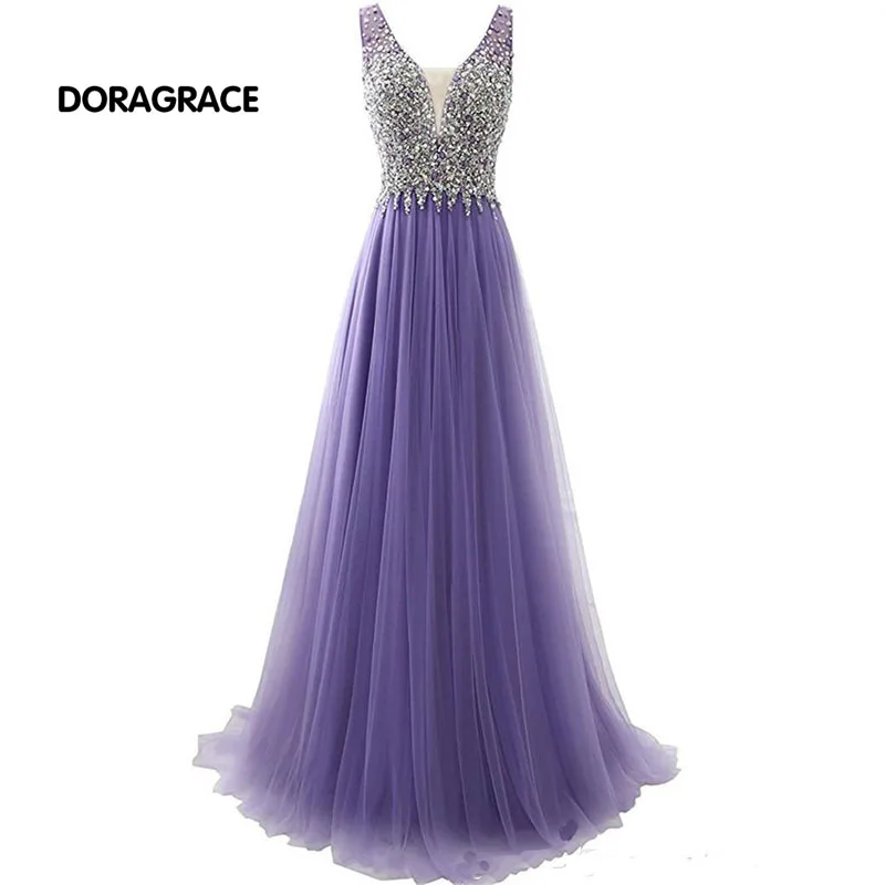 

Glamorous V Neck Backless A Line Floor-Length Tulle Crystal Pearls Prom Dress Evening Dresses DGE020