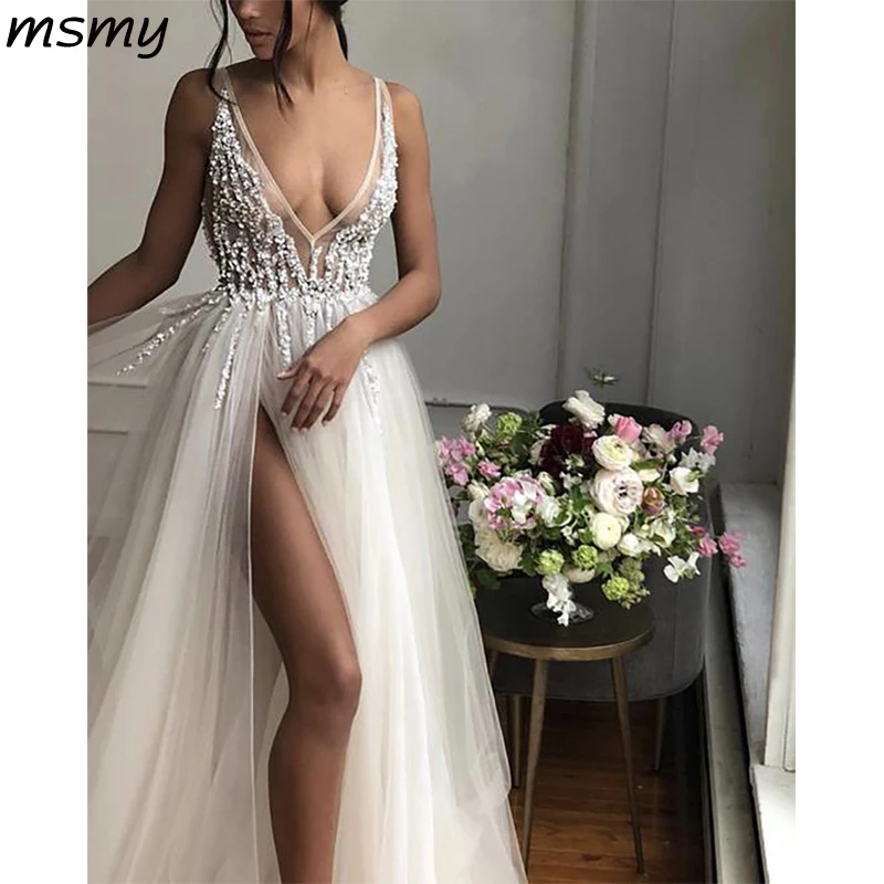 2019 Prom Dresses Long Tulle V-neck Evening Gowns Sequin Beaded