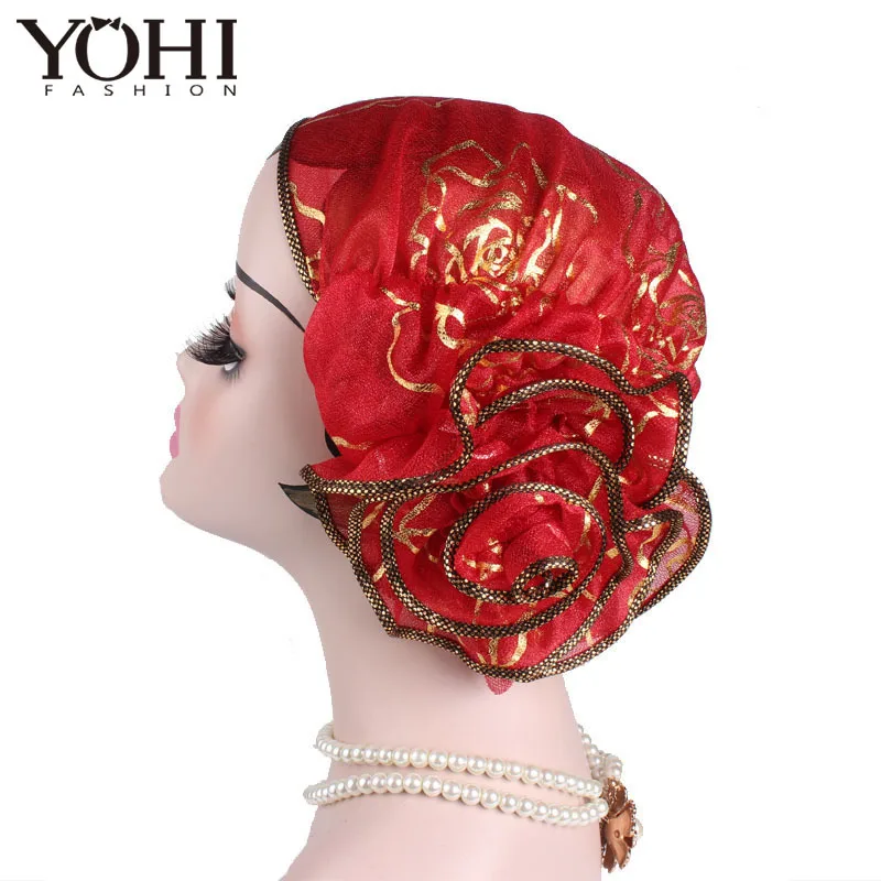 2018 Hot Sale Women Elegant king Flower Elastic Mesh Turban Chemo Cap Beanie Head Wrap Head Muslim Scarf