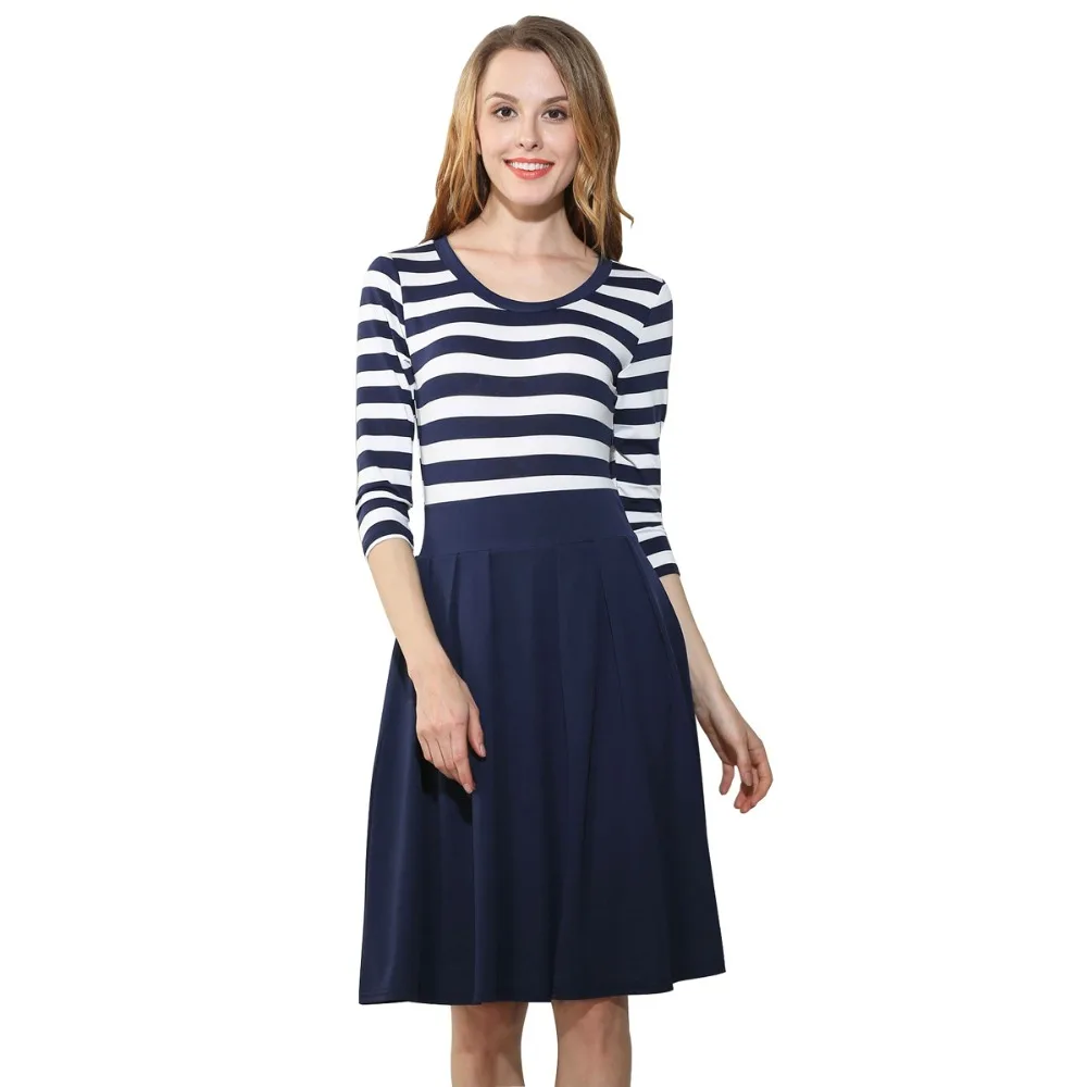 2018 women's short cute blue dresses hot sale explosions seven-point sleeves round neck striped large dress