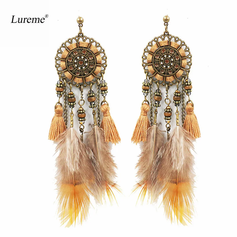 Серьги с кисточками Lureme винтажные круглые натуральными перьями ручной работы