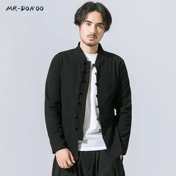 

MRDONOO Men's flaxen shirt long sleeve loose large size Chinese style frog top young man retro cotton linen Tang suit men's wear