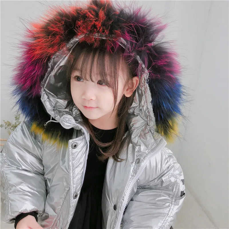 

Korean Style 2018 Winter Thickened Warm fashion Long Coat with colorful fur collar for cool sweet Baby Girls Warm Down Parks