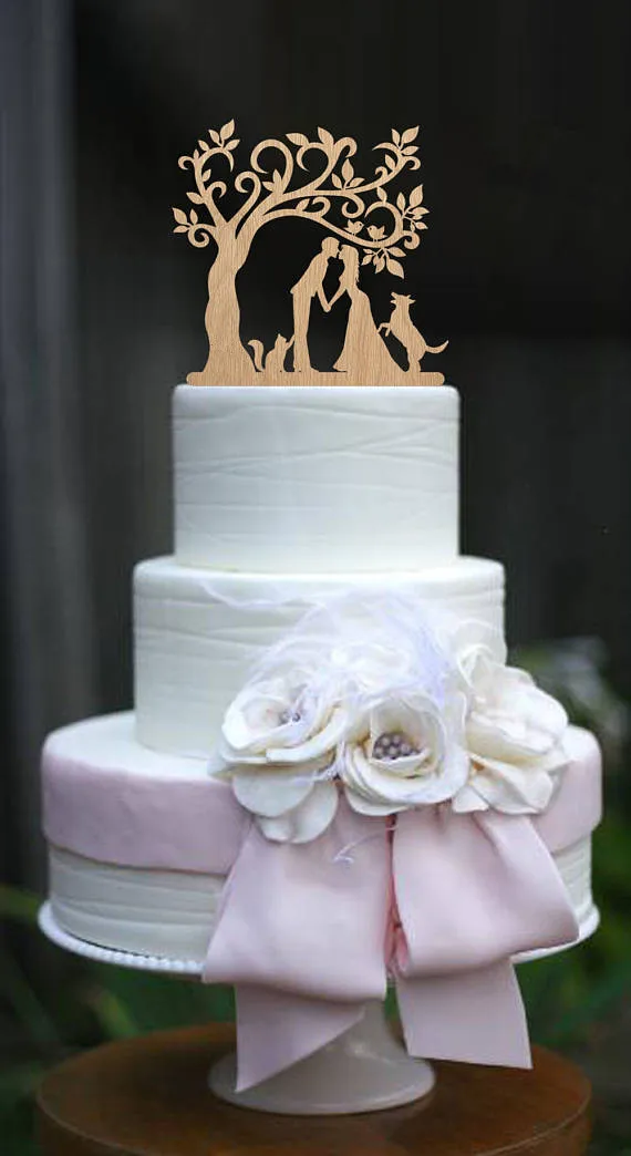 Mixed Style Bride and Groom with Dog and Cat Silhouette Tree Wedding Engagement Cake Topper Rustic Wood free shipping - Цвет: Флуоресцентный желтый