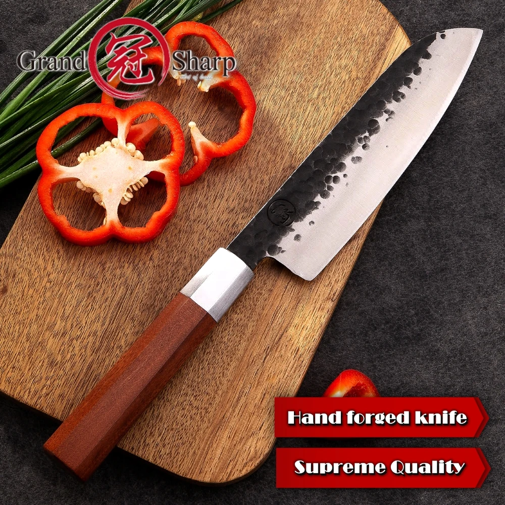 Ручной Кованый нож сантоку 7 дюймов из высокоуглеродистой стали, кухонные ножи шеф-повара, инструменты для нарезки кулинарных изделий, сашими, суши, резка с деревянной ручкой