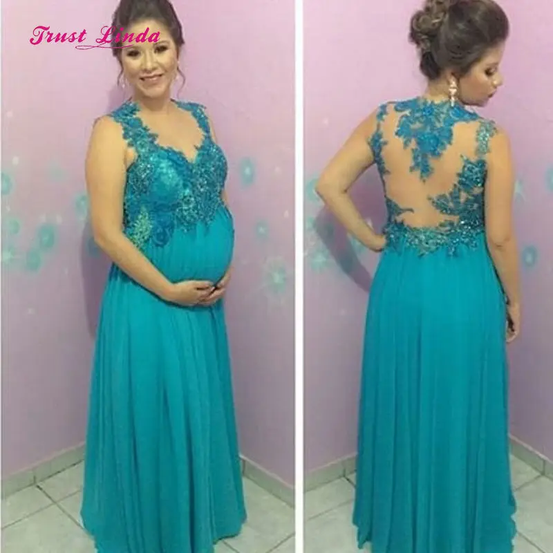 

Amazing Turquoise Prom Dresses 2018 Square Neckline Empire Waist Beaded Chiffon Pregnant Party Dresses for Wedding