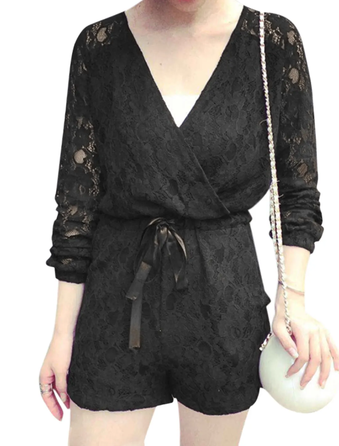 Allegra K Lady Strapless Tube Top W Drawstring Waist Two Pockets Lace Romper | Женская одежда