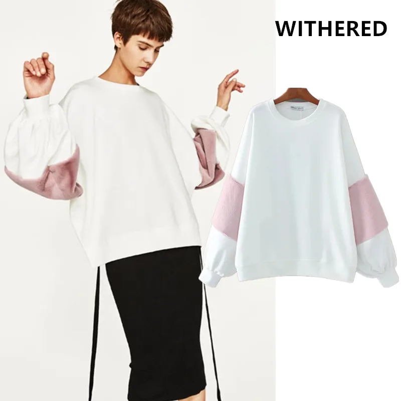 

Withered sweatshirts women england vintage white and pink fur patchwork oversize boyfriend loose o-neck pullovers batwing plush