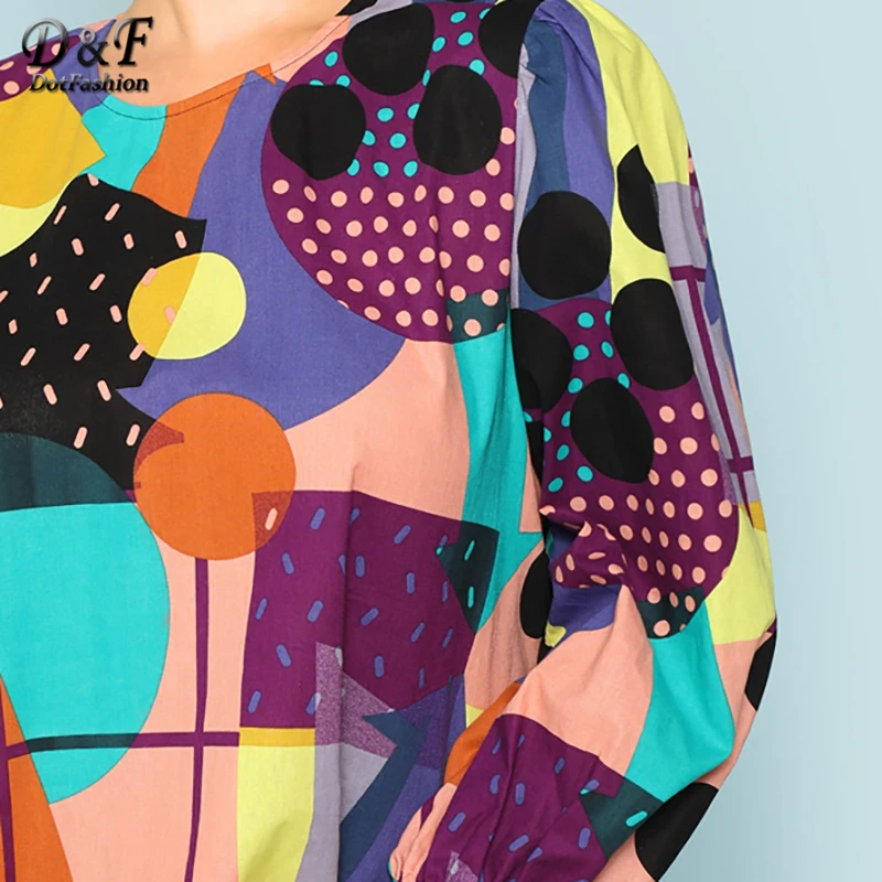 Dotfashion размера плюс, туника с смешанным принтом, топы для женщин, Повседневная летняя одежда с круглым вырезом и длинным рукавом, цветная Геометрическая опрятная блузка