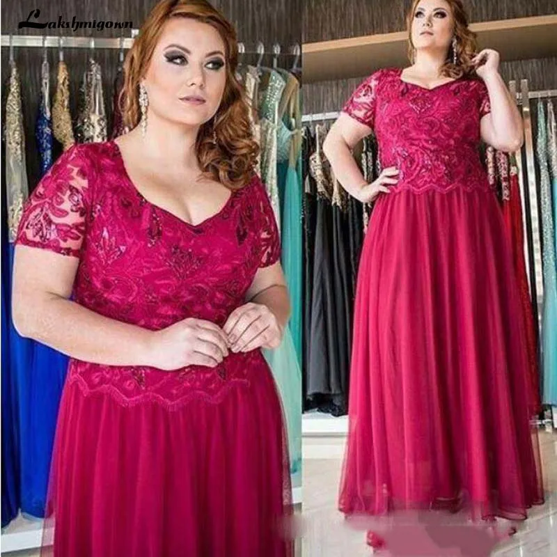 

Dark Red Plus Size Mother Of The Bride Dresses Lace Chiffon V-Neck Cheap Plus Size Mothers Guest Dress For Wedding Party Suits