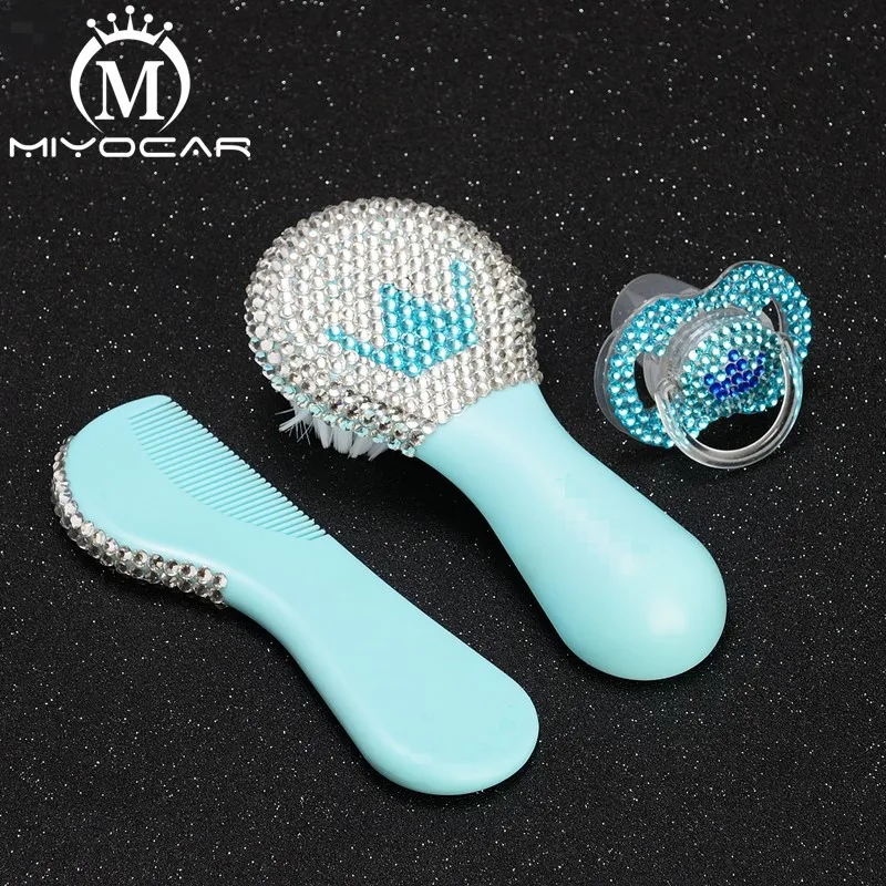 

MIYOCAR beautiful set of safe good quality blue baby comb and bling blue white crown baby pacifier ideal gift for baby shower