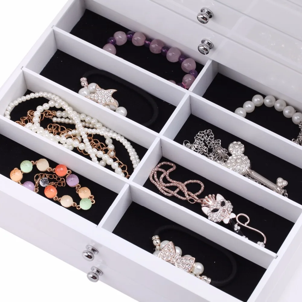 Новый большой белый деревянные драгоценные коробки черный Jewellery High Gloss Организатор Стекло Топ розовый шкаф ожерелья для мужчин кольца