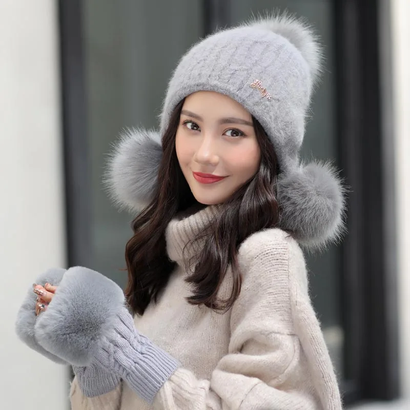 Зимние Для женщин вязаная шапка шарф Двойка комплект мода шерсть утолщение шляпа воротники женские теплые шапки и шарфа комплект Повседневное зимние шапки