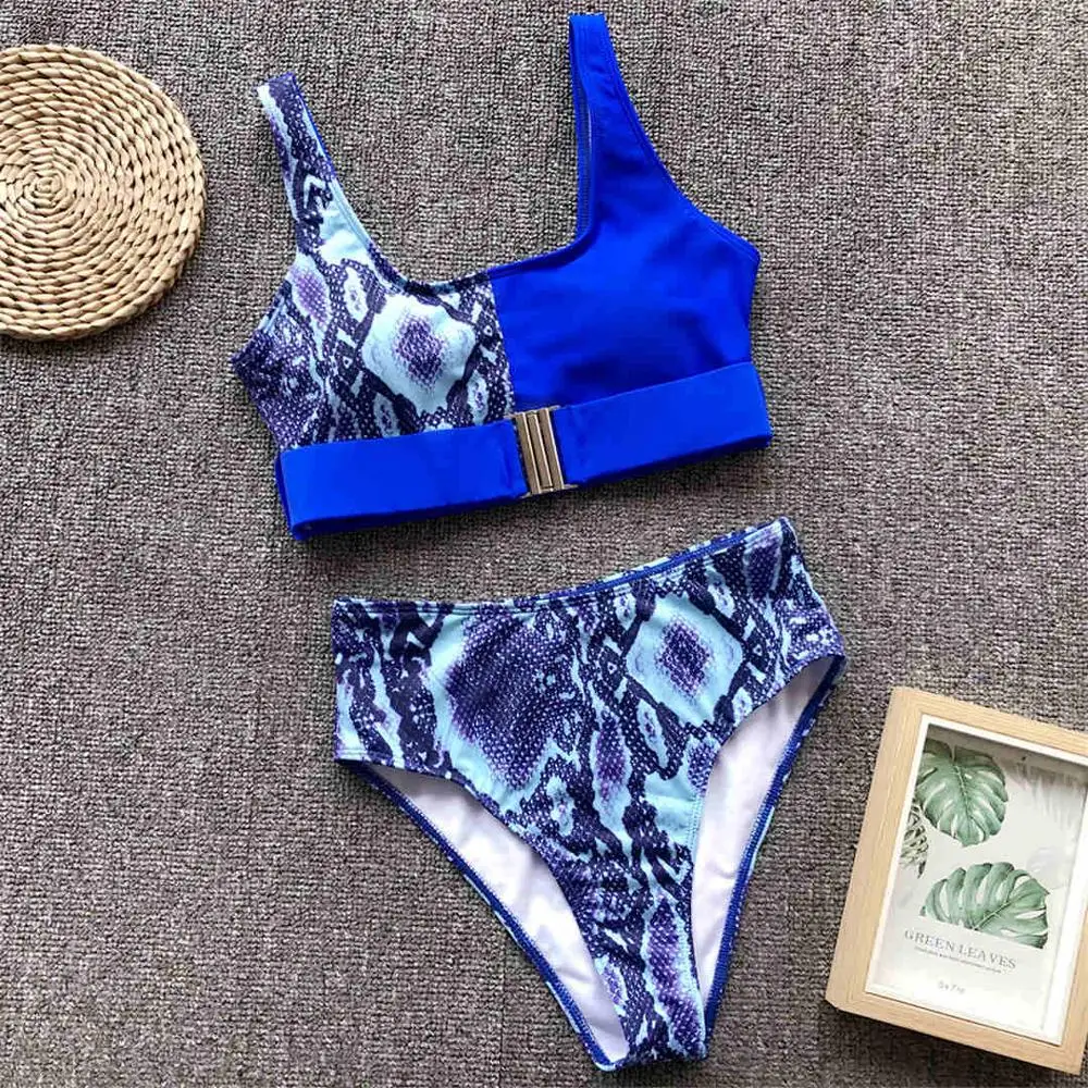 Купальник с леопардовым принтом, бикини с высокой талией,, женская одежда для плавания, комплект бикини из двух предметов, сексуальный купальный костюм V1202 - Цвет: Blue Snake Print