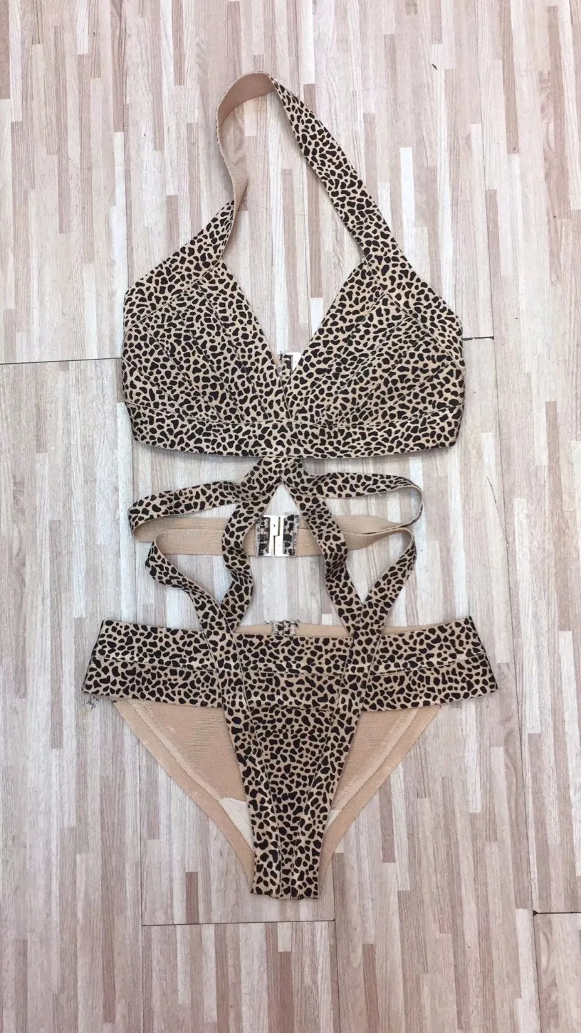 2018 New Fashion Halter Leopard Print Sexy Women Rayon Bandage Bodysuit