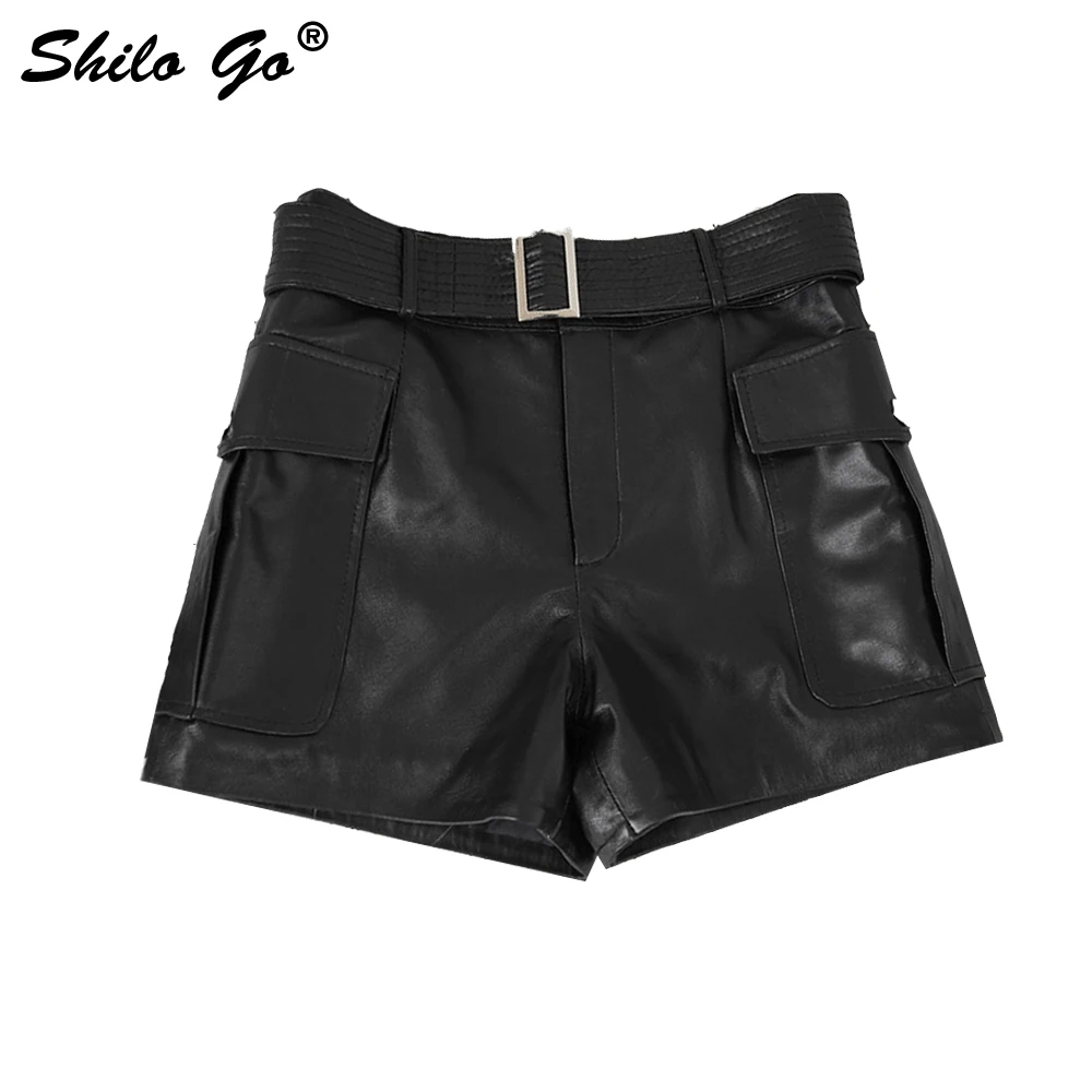 SHILO GO Leather Shorts Womens Summer Fashion sheepskin genuine leather Shorts high waist metal