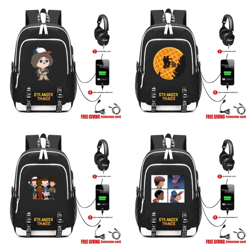 

TV Stranger Things Backpack travel School Bag teenagers Casual USB Charging Headphone Jack men women Laptop Bags 19 style