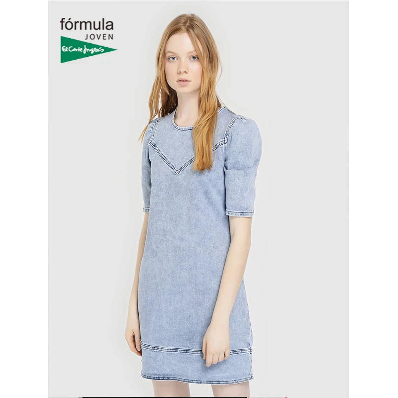 Fórmula Joven женское платье кислотно-голубое Ковбойское с коротким рукавом и круглым