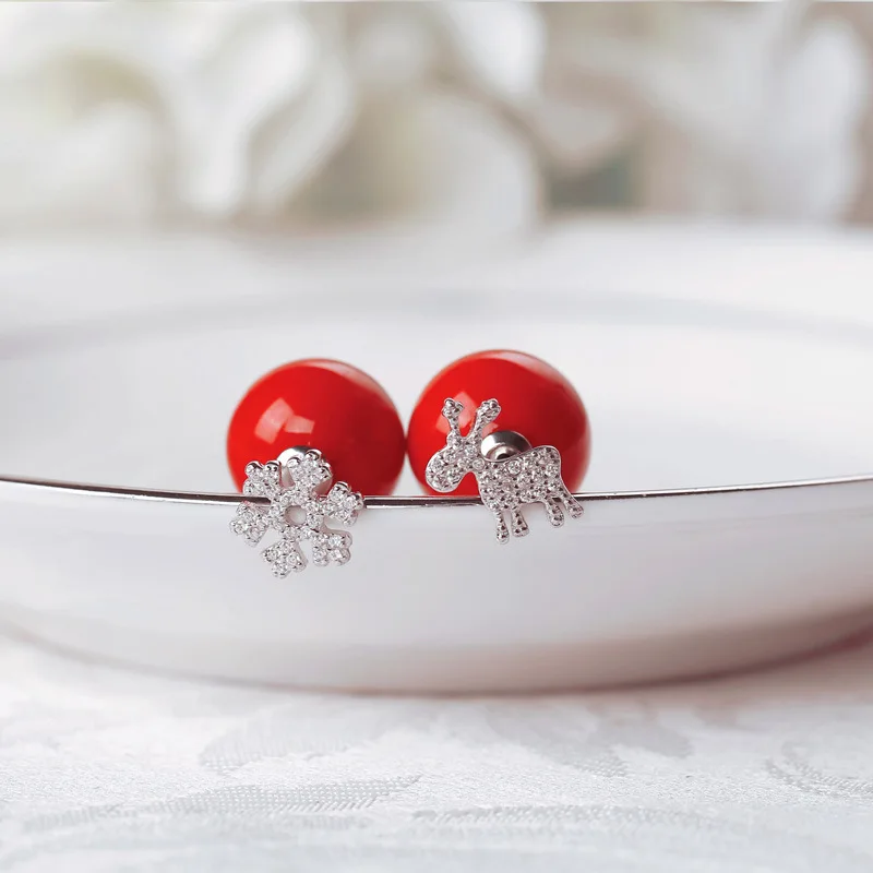 

Jinwateryu fashion jewelry 925 sterling Silver Stud Earrings for women Christmas snowflake deerlet with red pearl earrings