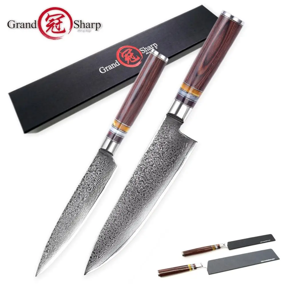  Damascus Knife Set 2 Pcs Chef Kitchen Knives Japanese Damascus vg10 Stainless Steel Chef Utility Ki - 32853691351
