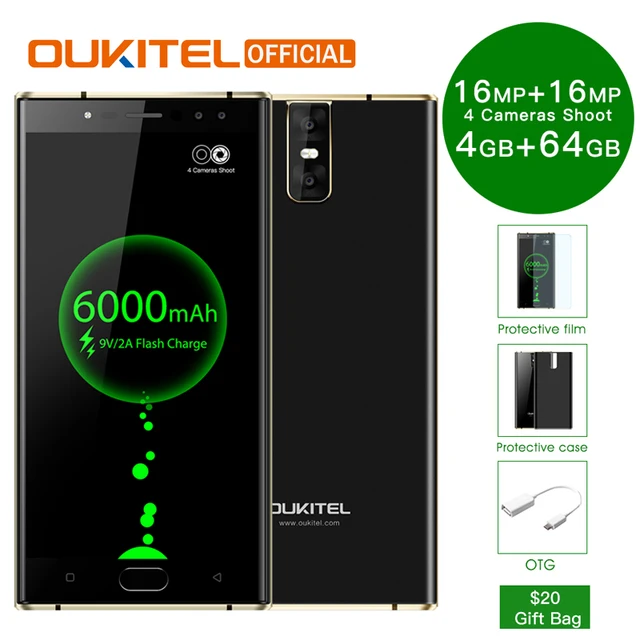 Oukitel K3 мобильного телефона mt6750t восемь ядер 4 ГБ + 64 ГБ 5,5 "Dual 2.5D Экран 6000 мАч 4 камеры 16MP + 2MP спереди смартфон с отпечатками пальцев