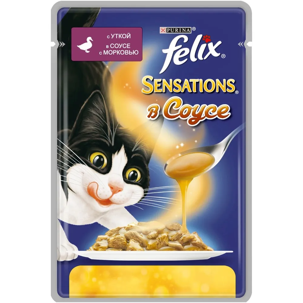Влажный корм Felix Sensations в Удивительном Соусе для кошек c уткой в соусе с морковью, Пауч, 24х85 г