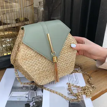 

Fashion Hexagon Mulit Style Straw+pu Bag Handbags Women Summer Bag Women Top-handle Handmade Summer Beach Bag bolsa feminina