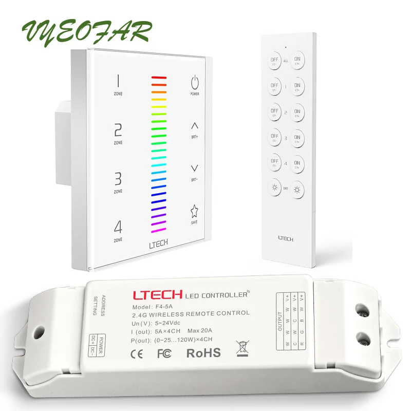 

New Led RGB strip controller 4 zone 2.4GHz&DMX multi function AC 100-240V RGB Touch Panel With wireless Receiver and F7 Remote