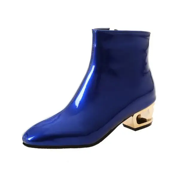 Черные ботильоны из лакированной кожи женские зимние ботинки из лакированной кожи с острым носком, на молнии сбоку, синего и розового цвета, размера плюс 33-43 Женская обувь - Цвет: Blue Short plush