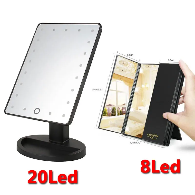 

20 LED Makeup Cosmetic Mirror Folding Compact Make Up Hand Mirror with Touch Dimmer Switch Operated Stand 2018 New Arrival