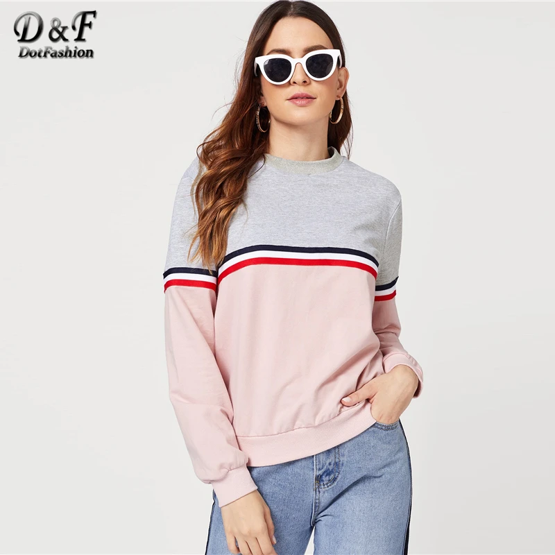 Dotfashion двухцветная полосатая толстовка с цветными блоками, Женская Повседневная весенне-осенняя одежда с длинным рукавом, пуловеры в консервативном стиле, толстовка