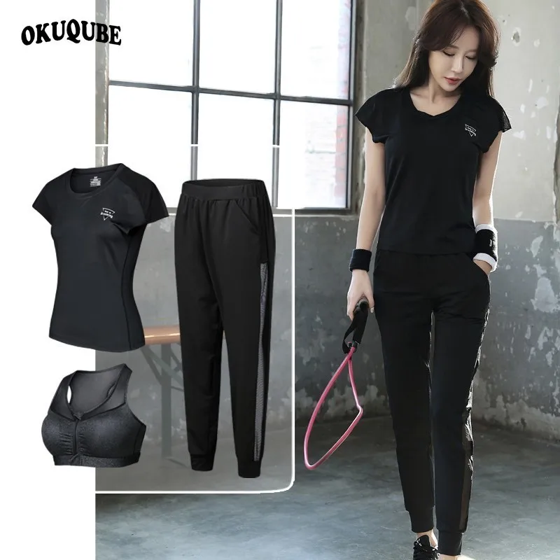 

OKUQUBE 2018 New Sportswear Cotton Fitness Clothing Shockproof Yoga Set 3 Pieces Padded Gym Sports Suit XXL Tracksuit For Women