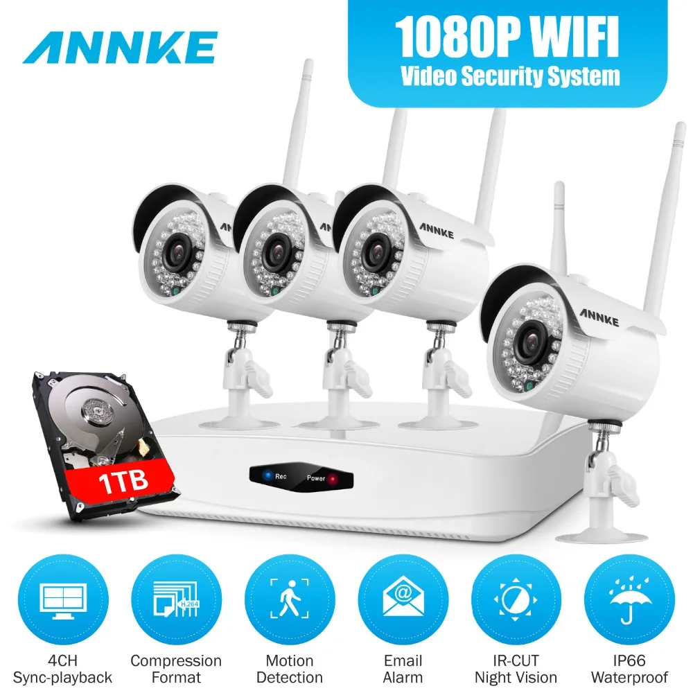 

ANNKE 1080P HD 4CH Wireless WIFI NVR Kit CCTV System IP66 Weatherproof Indoor Outdoor Cameras Home Video Surveillance Kit HDD 1T