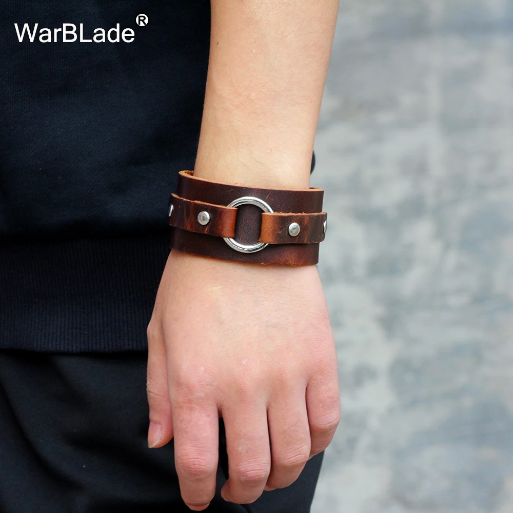 WarBLade 2018 New Fashion Genuine Leather Wide Bracelets Bangles Black Men Wrap Bracelet Punk Cuff Wristband For Women Jewelry