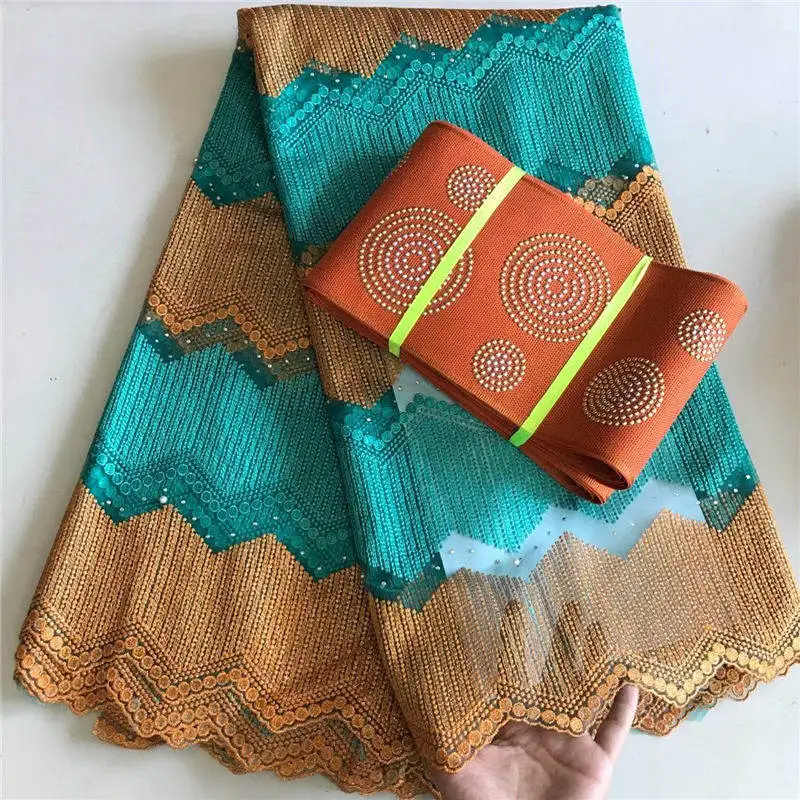 

New design french net lace fabric 5yards for ladies dress making matching with aso oke gele with stones