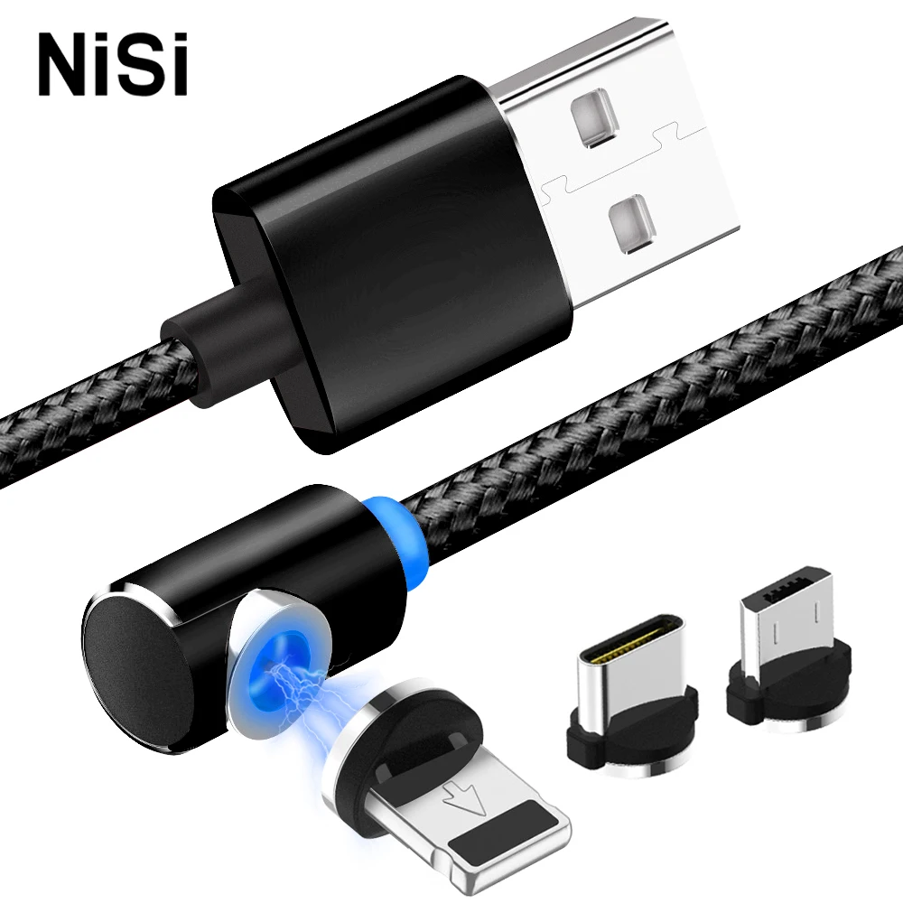 Магнитный кабель NISI 90 градусов L Круглый LED USB C Micro USB/8Pin IOS TypeC 360 зарядный провод для