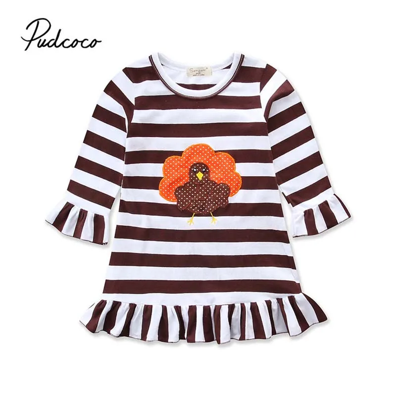 

Pudcoco 2018 Kids Toddler Baby Girls Dress Thanksgiving Turkey Striped Ruffle Dress Casual Loose Summer Clothes Outfit 1-6Y