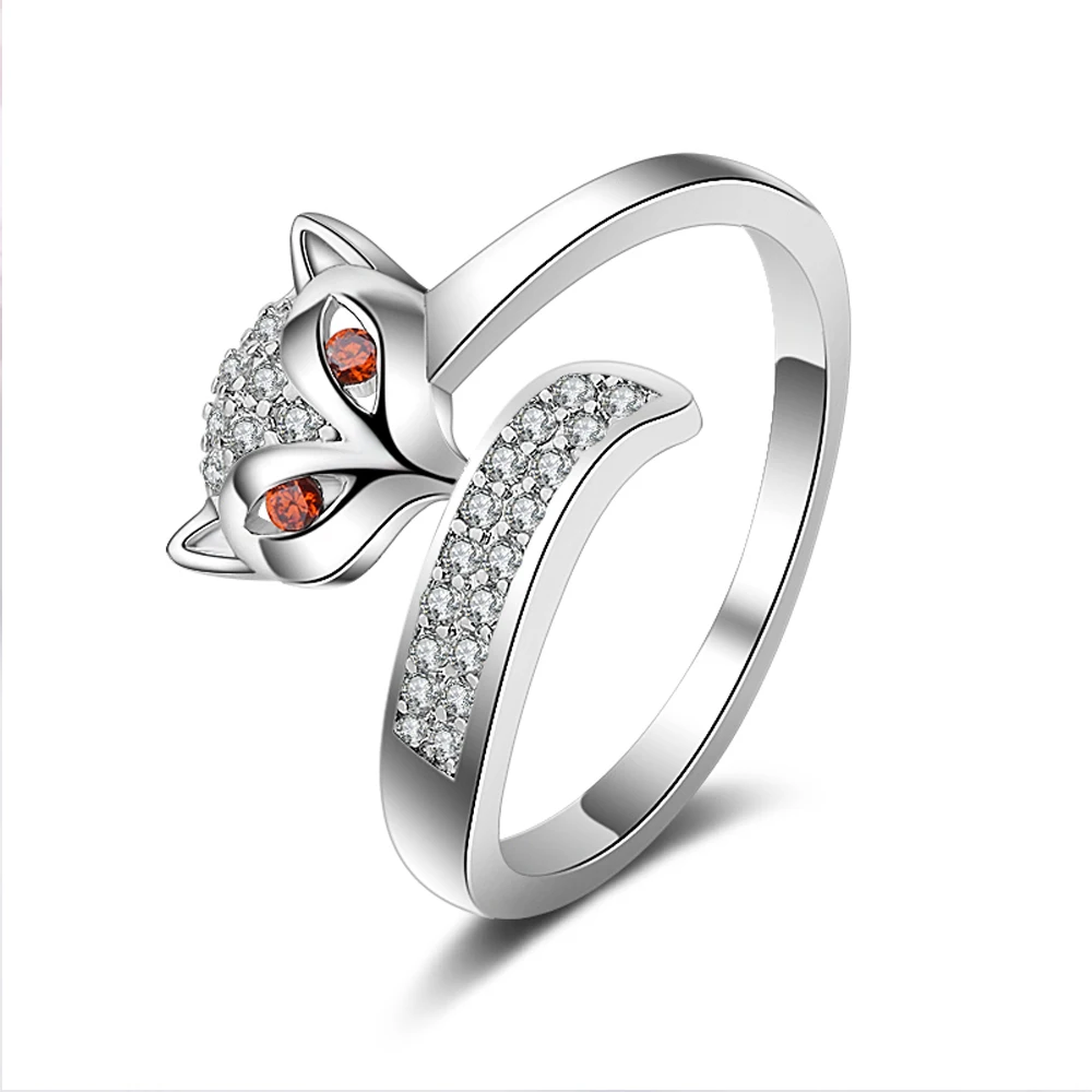 

2018 New Arrival Fashion 925 Silver Adjustable Cute Animal Zirconia Fox Ring Simple Christmas Rings for Women Party Gift J0002